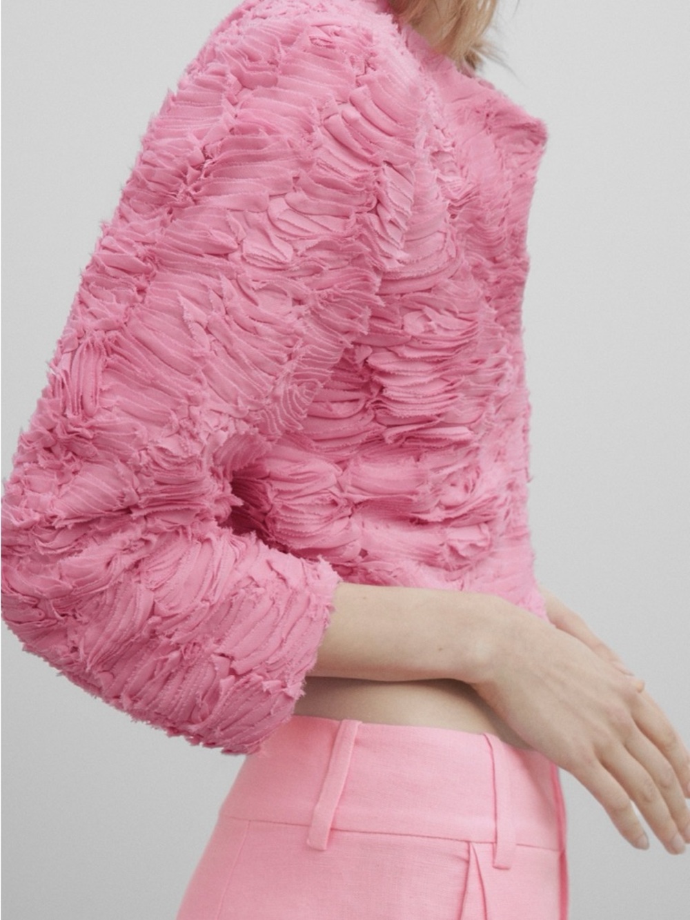 Massimo Dutti Studio NWOT Textured Bouclé Cropped Jacket Bubblegum Pink Medium - Picture 6 of 10